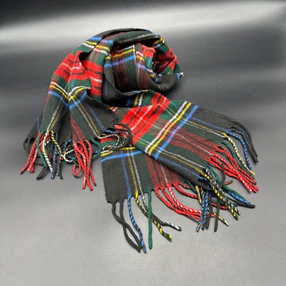 V. FRAAS Accessories - Plaid Scarf V Fraas Cashmink Germany Acrylic Black Red Fringe Unisex Retro